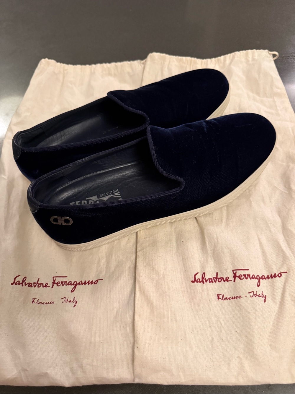 Salvatore Ferragamo Navy Velvet Slip-On Loafers with White Sole